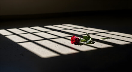 A single red rose lies on the floor, illuminated by stark sunlight filtering through prison bars.
