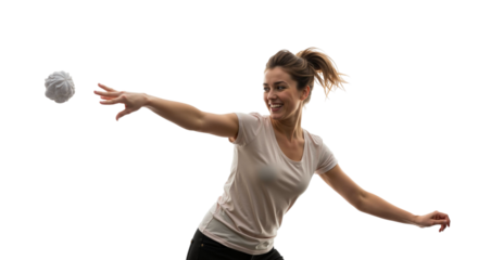 Cheerful woman throwing a decorative plush ball with energy and enjoyment