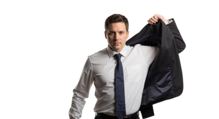 Confident man removing his suit jacket isolated on white background