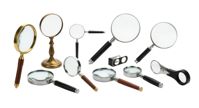 Collection of magnifying glasses tools for search and close study concept
