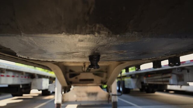 Underside view of a semi-trailer kingpin, upper coupler. The shot focuses on the steel connection point where the trailer attaches to a semi-truck's fifth wheel.