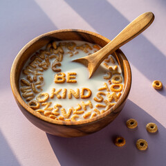 Naklejka premium “Be Kind” Cereal Letters in Milk Bowl on Warm Brown Background