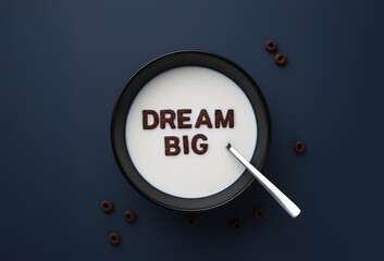 Naklejka premium “Dream Big” Cereal Letters in Milk Bowl on Navy Background