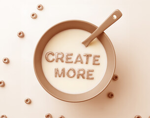 Naklejka premium “Create More” Cereal Letters in Milk Bowl on Beige Background