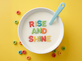 Naklejka premium “Rise and Shine” Cereal Letters in Milk Bowl on Yellow Background