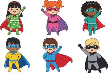 Cartoon children in superhero costumes, diverse kids, colorful outfits, empowerment, action pose, fantasy, imagination, fun, playful, illustration, hero theme
