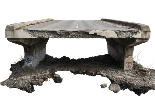Collapsed concrete bridge over a road showcasing severe structural damage in an abandoned area