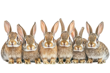 Group of adorable rabbits in multiple poses isolated on white background displaying their playful nature and fluffy fur in a charming arrangement