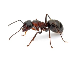 A close-up shot of a brown and black ant crawling on a clean, white background