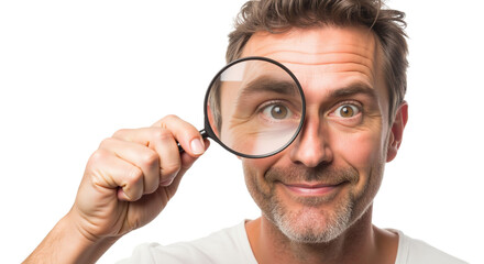 Man with magnifying glass showing focus, curiosity, and investigation