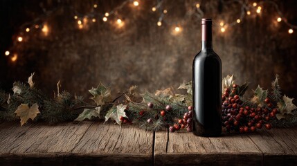 festive christmas wine bottle on rustic wooden table with garland and lights