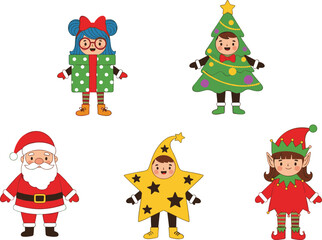 Cartoon kids in Christmas costumes, Santa, elf, tree, gift box, star, festive holiday outfit, cute children, winter celebration, joy