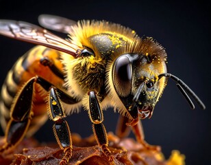 A close-up shot of a bee with pollen on its fur, sitting on a honeycomb cell