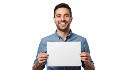 Smiling man holding blank sign isolated for promotional advertisement