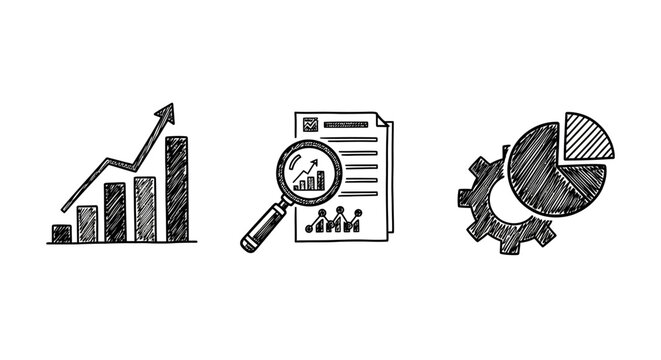 Hand drawn analytics icons featuring growth chart, report document, and gear with pie chart