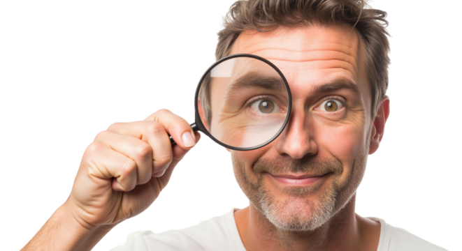 Man with magnifying glass showing focus, curiosity, and investigation