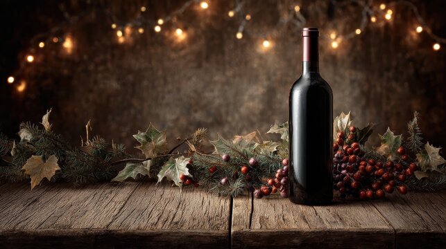 festive christmas wine bottle on rustic wooden table with garland and lights