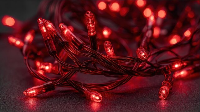 closeup of red glass christmas lights glowing warmly tangled on a dark surface concept warm red glass lights closeup glow tangled string lights cozy holiday ambience dark backdrop glow