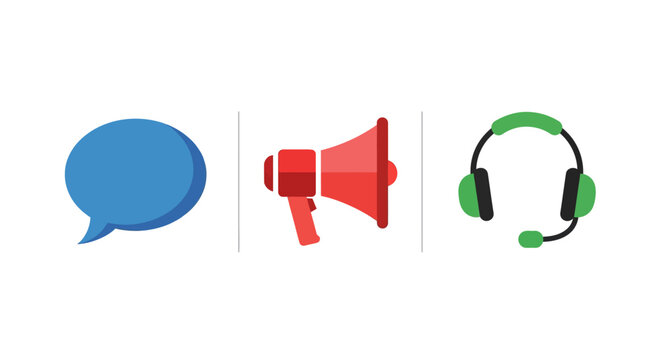 Flat icon set: chat bubble, megaphone, headset for communication concepts - Powered by Adobe