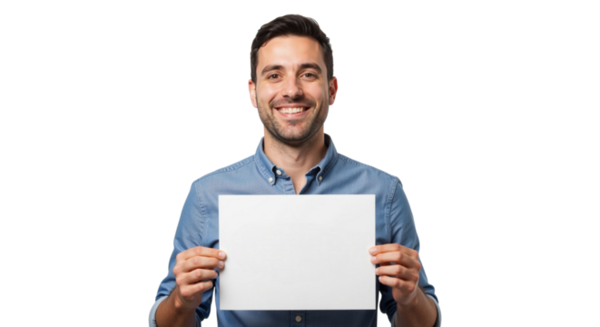 Smiling man holding blank sign isolated for promotional advertisement