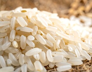 A close-up shot of a heap of uncooked, polished long-grain rice on a blurred surface