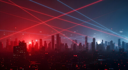 Futuristic cityscape at night with glowing red and blue laser beams crisscrossing the sky, symbolizing data flow and connectivity.