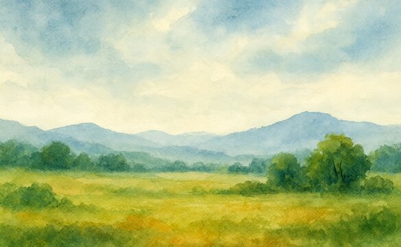 A watercolor landscape painting of rolling green fields and distant blue mountains