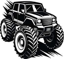 Black and white monster truck with large tires vehicle