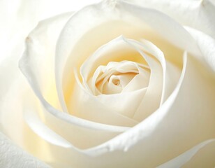 A close-up shot of a white rose, its petals spiraling to the center in bright, soft light
