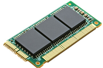 Isolated ram memory module showcasing three memory chips on a green circuit board with golden connectors