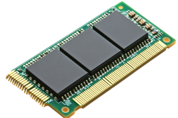 Isolated ram memory module showcasing three memory chips on a green circuit board with golden connectors