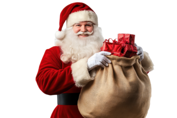 Jolly Santa Claus holds a large sack filled with colorful presents, spreading holiday cheer during the festive season