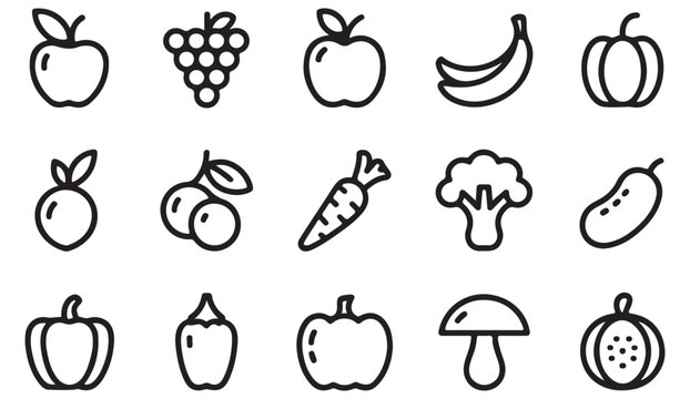 Minimal black and white vector illustrations of fruits and vegetables for organic and healthy living projects