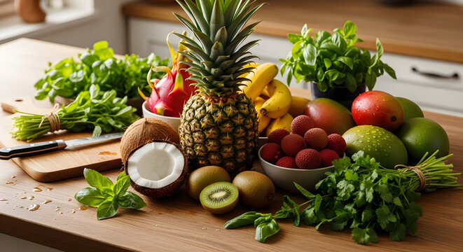 Abundant display of fresh tropical fruits and green leafy vegetables on a rustic wooden kitchen counter, ready for healthy cooking. - Powered by Adobe