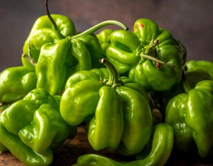A close-up shot of pile of vibrant green peppers with textured skin and stems