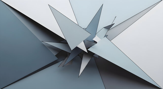 Abstract geometric composition with sharp, angular planes in shades of blue and gray.