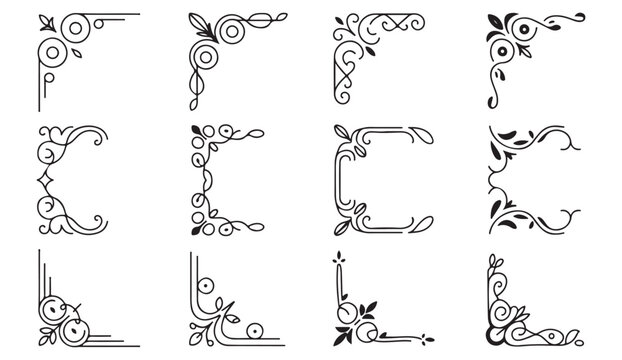 Elegant line art corner designs featuring vintage flourishes and floral details for creative decoration