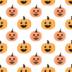Cute Smiling Pumpkin Halloween Seamless Pattern on White Background