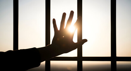 Silhouette of a hand reaching for the bright sun through a barred window at sunrise.