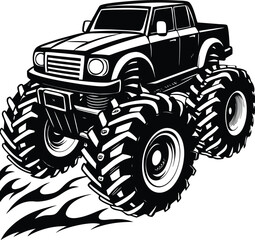 Monster truck with flame graphics and large tires vehicle