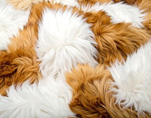 A close-up showing a textured surface of mixed brown and white fluffy, shaggy material