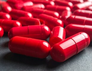 A close-up showcases many vibrant red capsule pills scattered across a textured surface