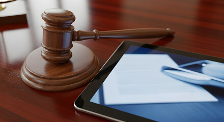 A wooden judge's gavel rests on a polished desk next to a digital tablet displaying legal documents, symbolizing modern justice and technology.