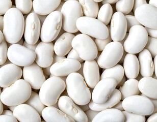 A close-up shows a dense arrangement of white kidney beans, smooth textures, and shadows