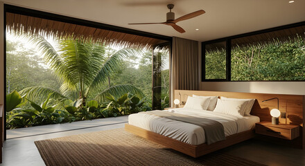 Serene Bedroom Retreat with Lush Tropical Forest Views and Modern Comfort