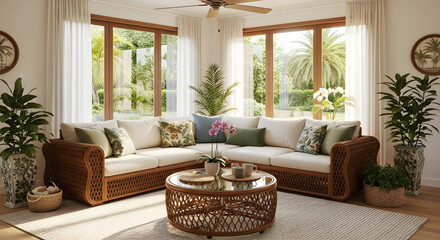 Cozy living room with sectional sofa and rattan coffee table, bathed in natural light from large windows with tropical greenery outside