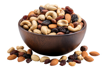 Mixed nuts in a wooden bowl with raisins and assorted varieties presented on a simple surface for healthy snacking