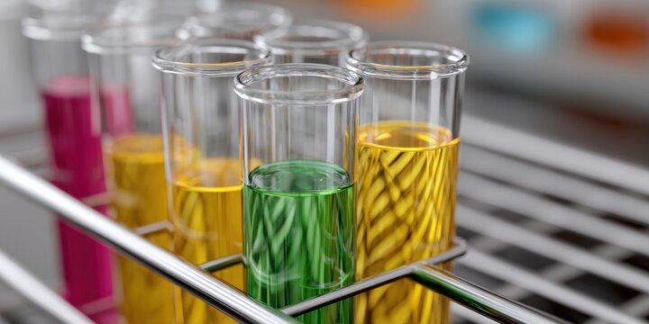 laboratory glassware, professional high-resolution photos feature test tubes in a metal rack with colored chemical solutions, measurement markings, and authentic laboratory glassware