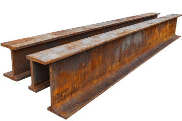 Detailed view of rusty steel beams showing corrosion and wear at a construction site in the early morning light