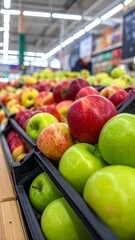 A close-up shows an assortment of red and green apples piled high in black crates